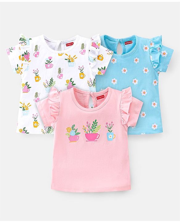 Babyhug 100% Cotton Knit Half Sleeves Tee With Floral Graphics & Frill Detailing Pack Of 3- Multicolour