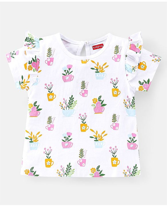 Babyhug 100% Cotton Knit Half Sleeves Tee With Floral Graphics & Frill Detailing Pack Of 3- Multicolour