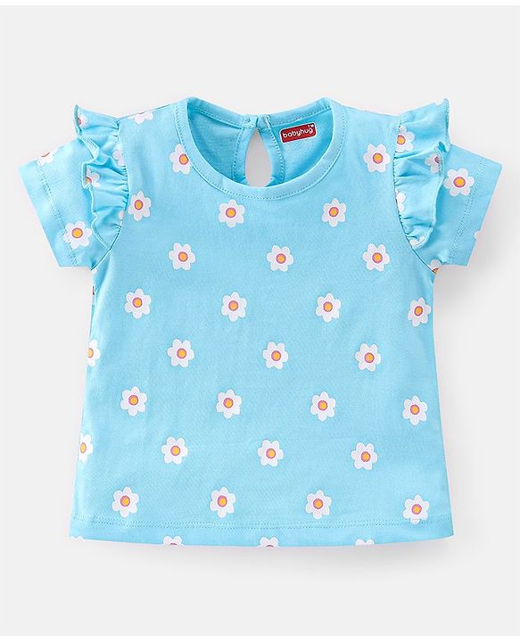 Babyhug 100% Cotton Knit Half Sleeves Tee With Floral Graphics & Frill Detailing Pack Of 3- Multicolour