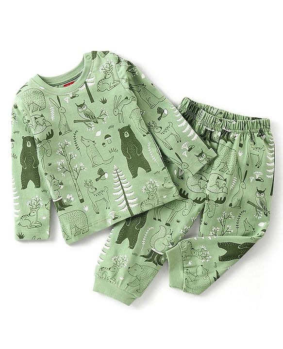 Babyhug Single Jersey Cotton Knit Full Sleeves Wild Animals Printed Night Suit - Green