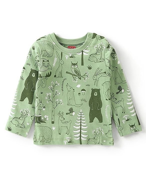 Babyhug Single Jersey Cotton Knit Full Sleeves Wild Animals Printed Night Suit - Green