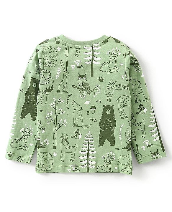 Babyhug Single Jersey Cotton Knit Full Sleeves Wild Animals Printed Night Suit - Green