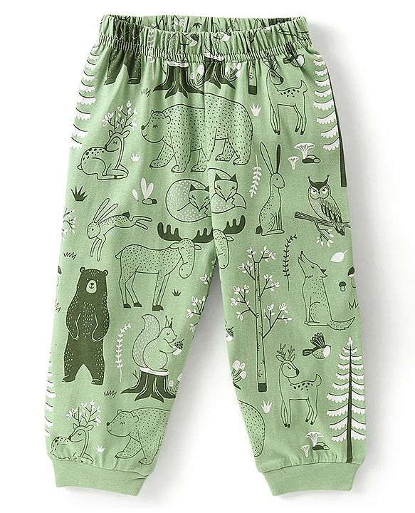 Babyhug Single Jersey Cotton Knit Full Sleeves Wild Animals Printed Night Suit - Green