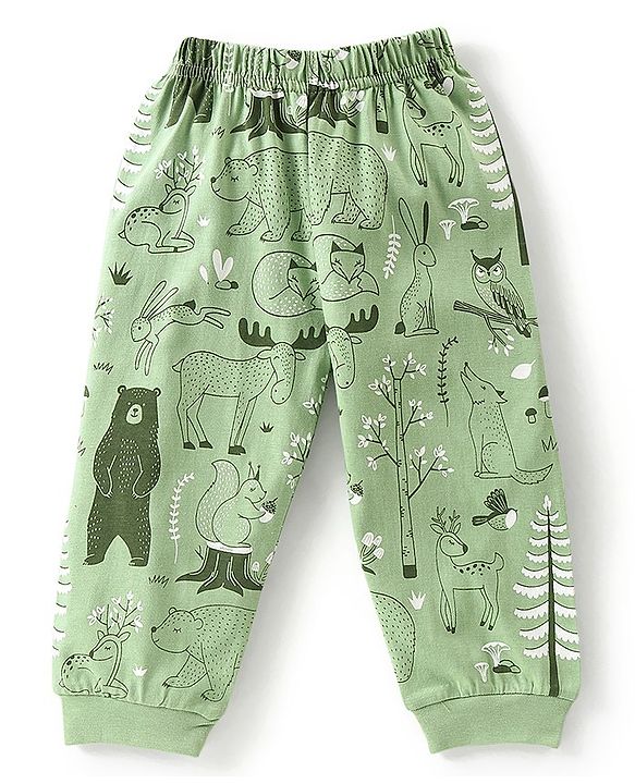 Babyhug Single Jersey Cotton Knit Full Sleeves Wild Animals Printed Night Suit - Green