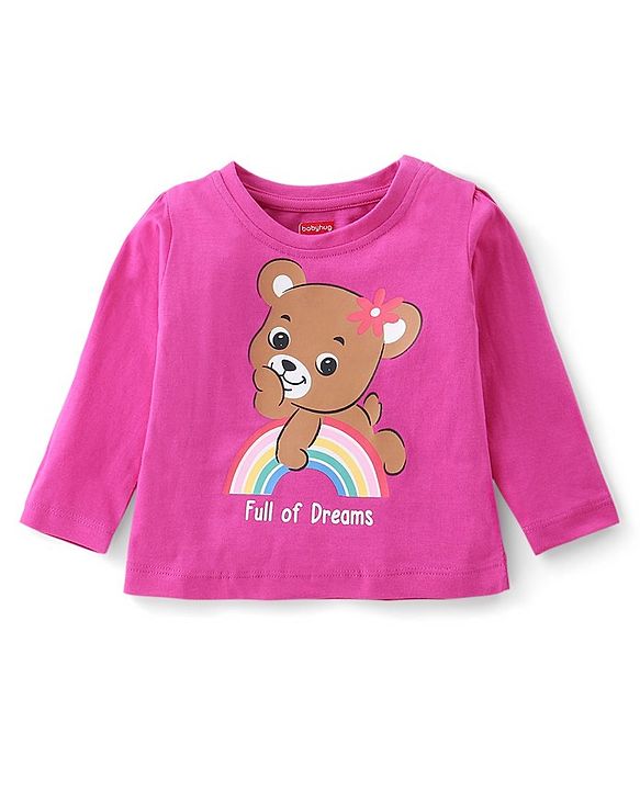 Babyhug Cotton Knit Single Jersey Full Sleeves Night Suit With Teddy & Rainbow Print - Pink