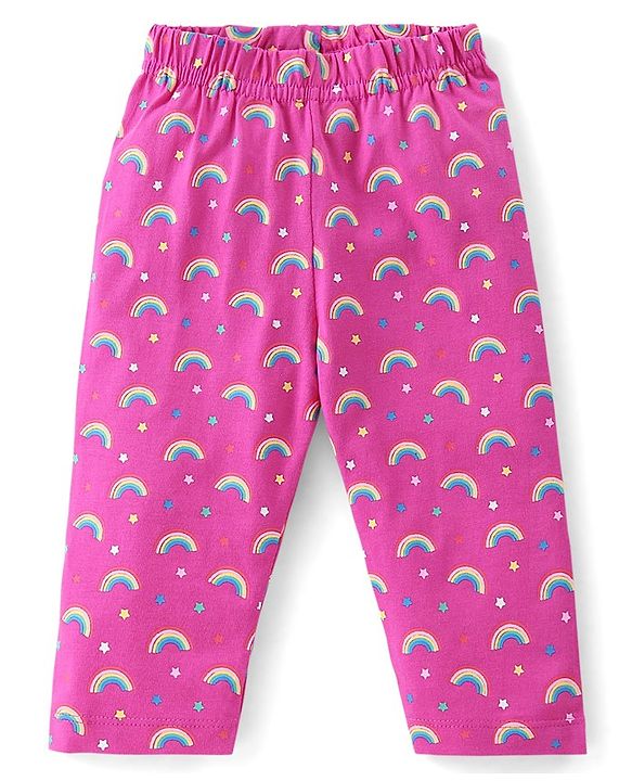 Babyhug Cotton Knit Single Jersey Full Sleeves Night Suit With Teddy & Rainbow Print - Pink