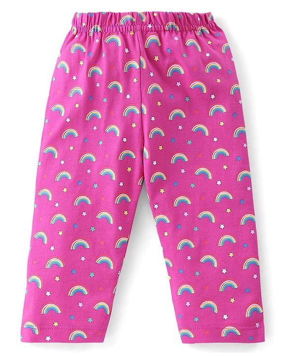 Babyhug Cotton Knit Single Jersey Full Sleeves Night Suit With Teddy & Rainbow Print - Pink