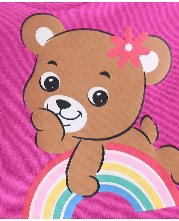 Babyhug Cotton Knit Single Jersey Full Sleeves Night Suit With Teddy & Rainbow Print - Pink