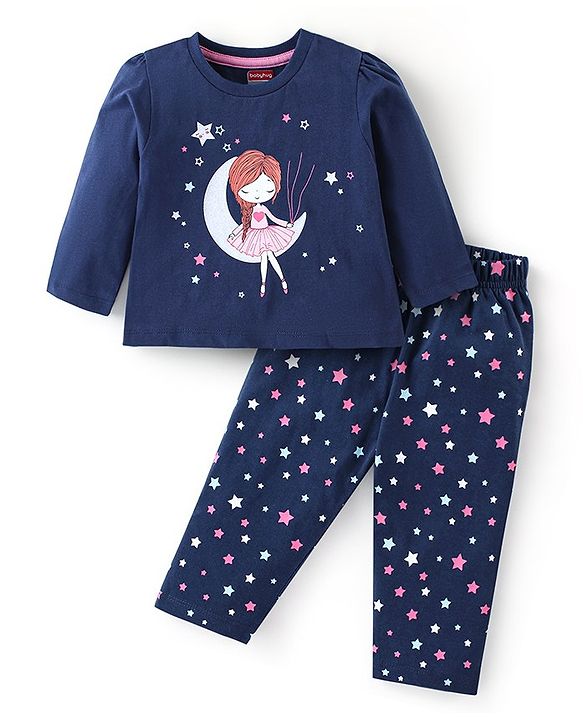 Babyhug Cotton Knit Single Jersey Full Sleeves Night Suit With Star Print - Navy Blue