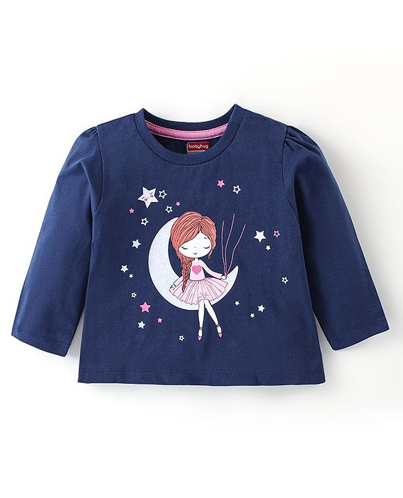 Babyhug Cotton Knit Single Jersey Full Sleeves Night Suit With Star Print - Navy Blue