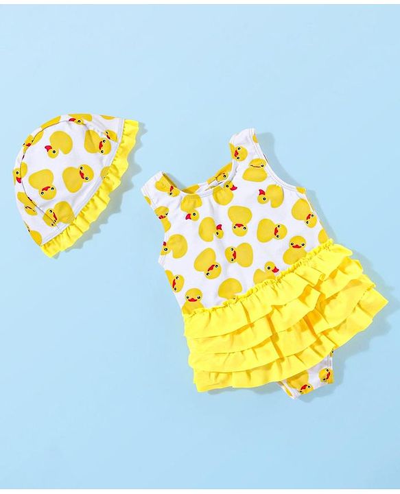 Babyhug Sleeveless  Layered Frock Style Swimsuit with Cap Duck Print - Yellow