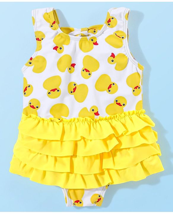 Babyhug Sleeveless  Layered Frock Style Swimsuit with Cap Duck Print - Yellow