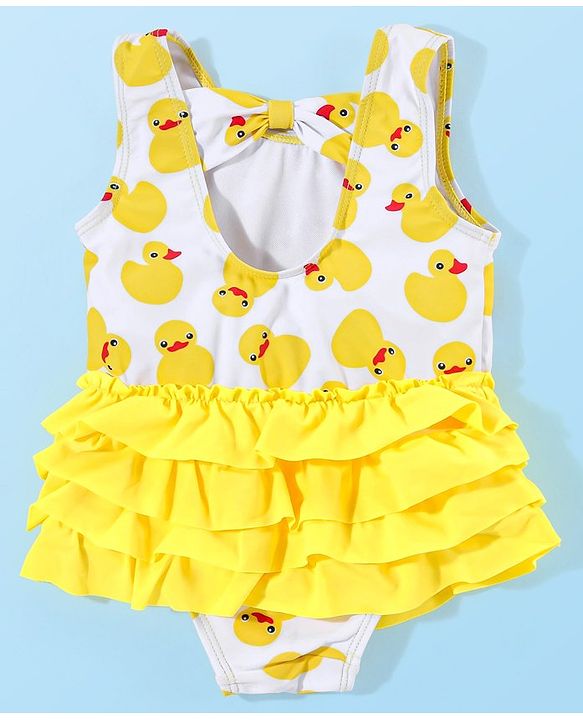 Babyhug Sleeveless  Layered Frock Style Swimsuit with Cap Duck Print - Yellow