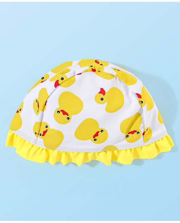 Babyhug Sleeveless  Layered Frock Style Swimsuit with Cap Duck Print - Yellow