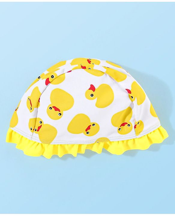 Babyhug Sleeveless  Layered Frock Style Swimsuit with Cap Duck Print - Yellow