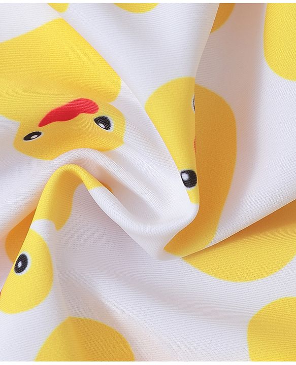 Babyhug Sleeveless  Layered Frock Style Swimsuit with Cap Duck Print - Yellow