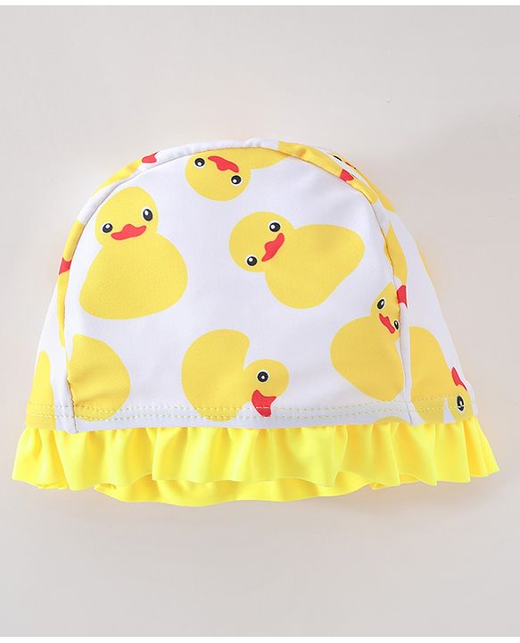 Babyhug Sleeveless  Layered Frock Style Swimsuit with Cap Duck Print - Yellow