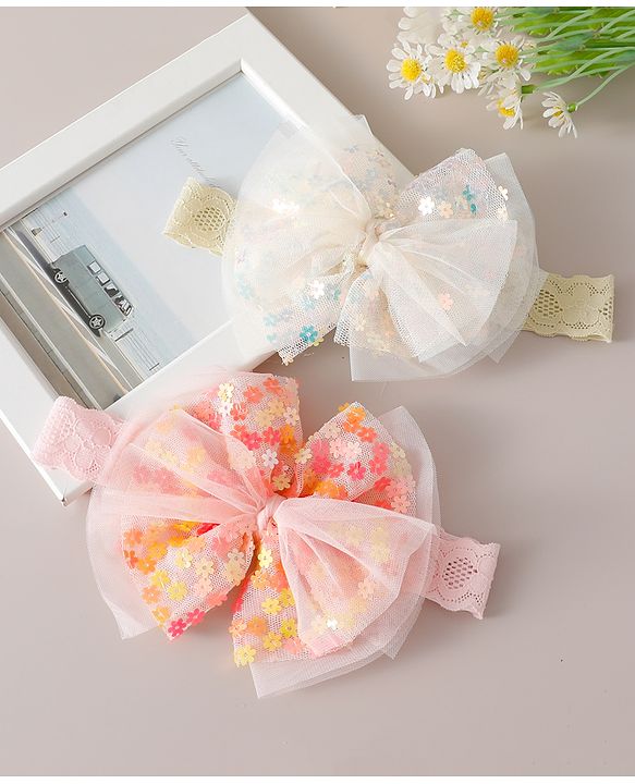 Babyhug Free Size Headbands With Bow Design Pack of 2 - White & Pink