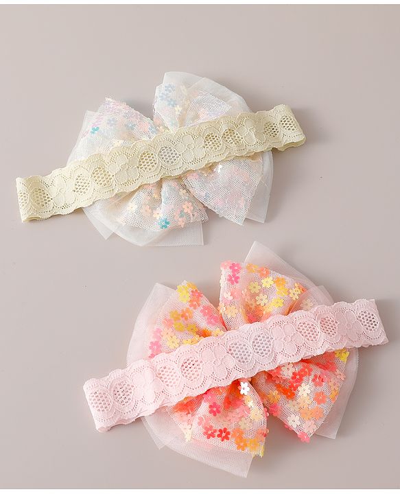 Babyhug Free Size Headbands With Bow Design Pack of 2 - White & Pink