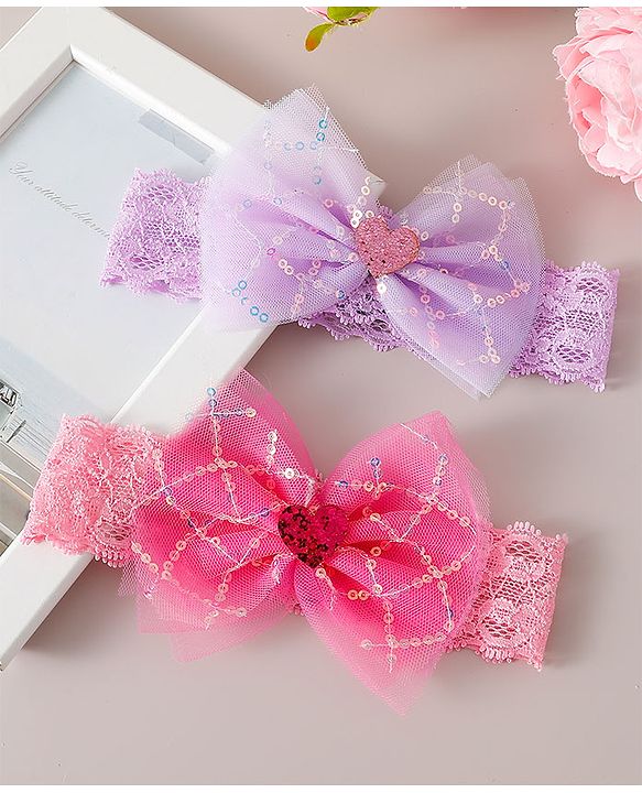 Babyhug Free Size Headbands with Bow Applique Pack of 2 - Purple & Pink