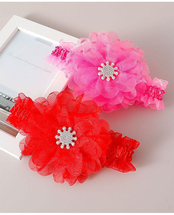 Babyhug Free Size Headbands with Floral Applique Pack of 2 - Red & Dark Pink