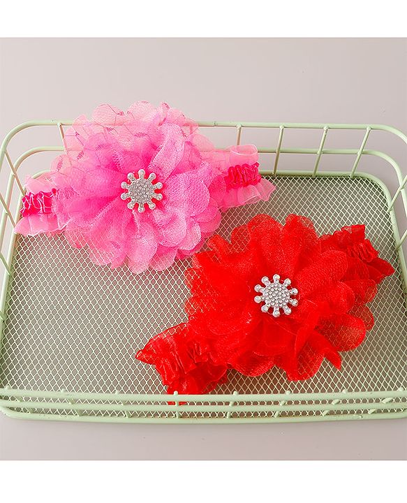 Babyhug Free Size Headbands with Floral Applique Pack of 2 - Red & Dark Pink