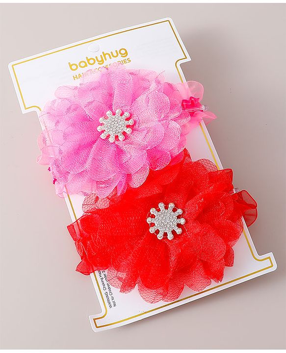 Babyhug Free Size Headbands with Floral Applique Pack of 2 - Red & Dark Pink