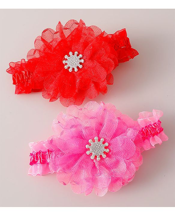 Babyhug Free Size Headbands with Floral Applique Pack of 2 - Red & Dark Pink