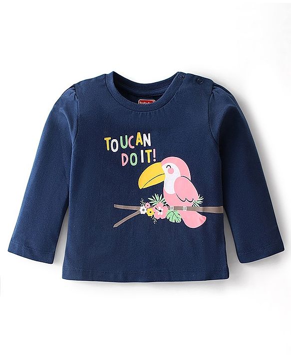 Babyhug Cotton Knit Full Sleeves Night Suit With Tropical Toucan Print - Navy Blue & Pink