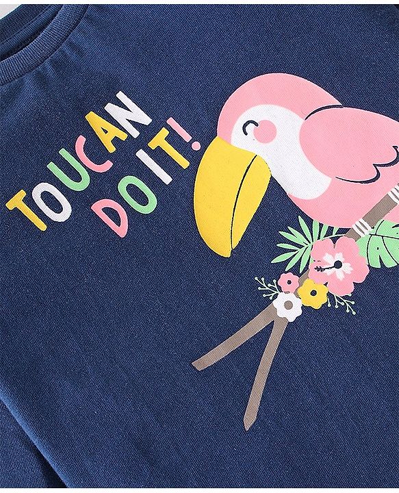 Babyhug Cotton Knit Full Sleeves Night Suit With Tropical Toucan Print - Navy Blue & Pink