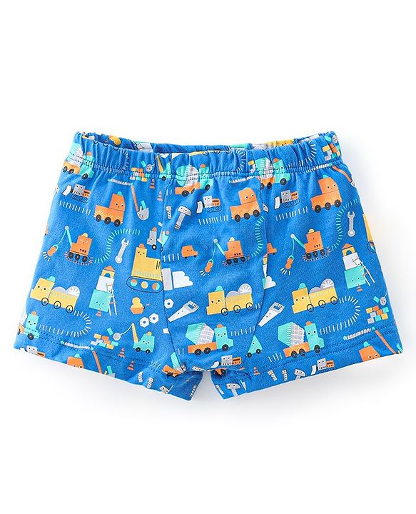 Babyhug 100% Cotton Single Jersey Knit Trunk Stripes & Construction Vehicle Print Pack of 3 - Yellow & Blue