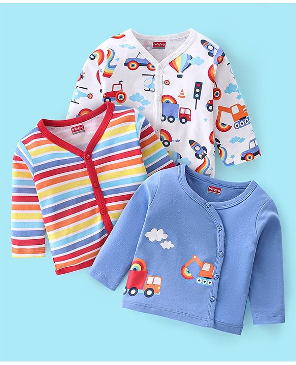 Babyhug 100% Cotton Full Sleeves Front Open Vests Stripes & Train Print Pack of 3- Blue Red & White