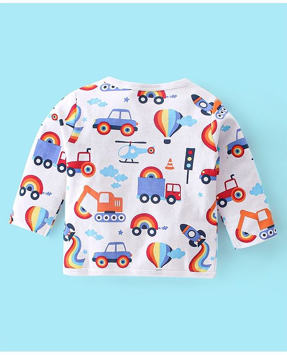 Babyhug 100% Cotton Full Sleeves Front Open Vests Stripes & Train Print Pack of 3- Blue Red & White