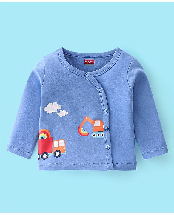 Babyhug 100% Cotton Full Sleeves Front Open Vests Stripes & Train Print Pack of 3- Blue Red & White