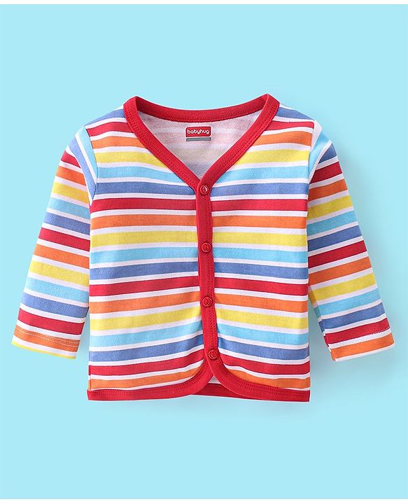 Babyhug 100% Cotton Full Sleeves Front Open Vests Stripes & Train Print Pack of 3- Blue Red & White