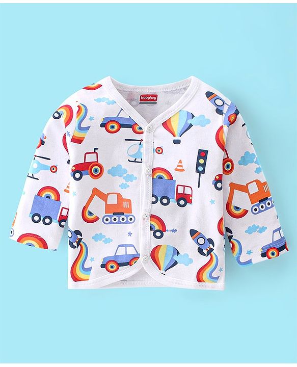 Babyhug 100% Cotton Full Sleeves Front Open Vests Stripes & Train Print Pack of 3- Blue Red & White