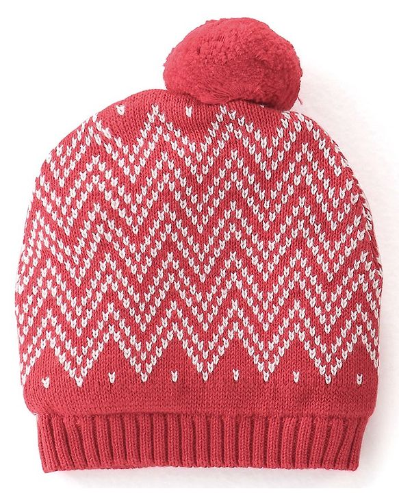 Babyhug 100% Organic Cotton Knit Pom Pom Cap With Mitten Chevron Print - Red