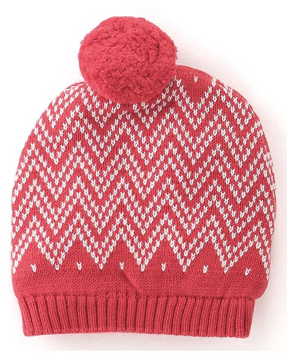 Babyhug 100% Organic Cotton Knit Pom Pom Cap With Mitten Chevron Print - Red