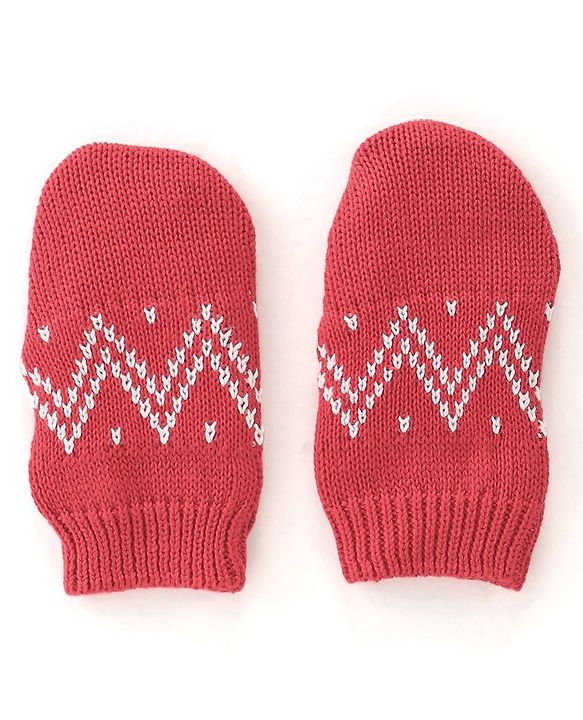 Babyhug 100% Organic Cotton Knit Pom Pom Cap With Mitten Chevron Print - Red