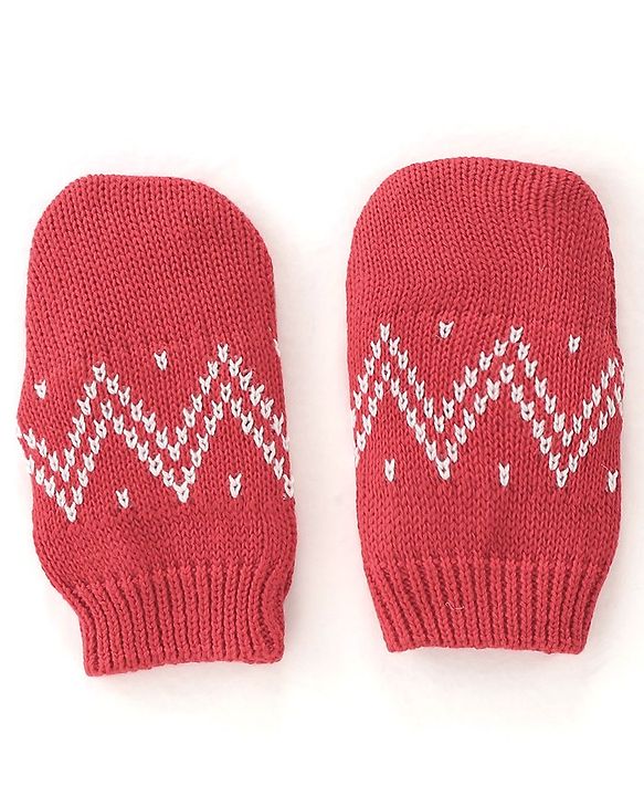 Babyhug 100% Organic Cotton Knit Pom Pom Cap With Mitten Chevron Print - Red