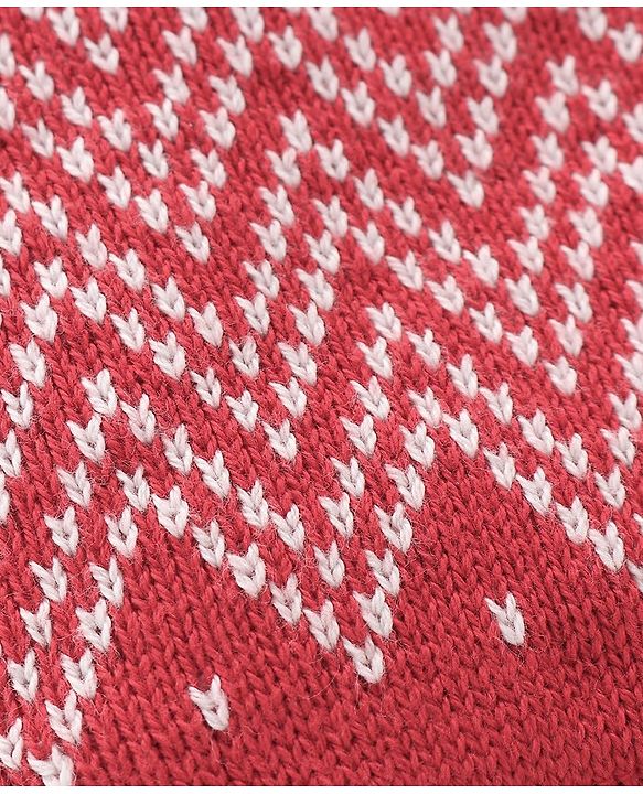 Babyhug 100% Organic Cotton Knit Pom Pom Cap With Mitten Chevron Print - Red