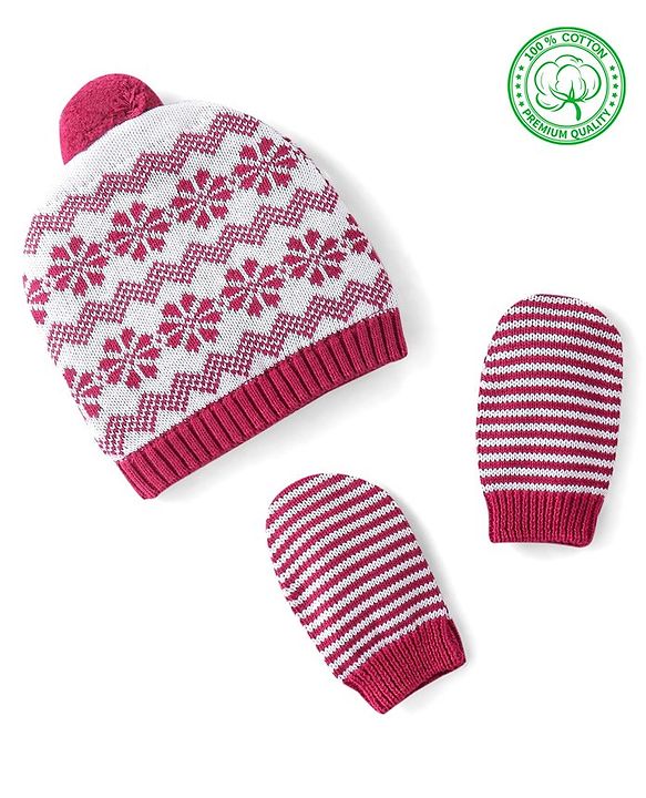 Babyhug Organic Cotton Knit Woollen Cap & Mittens Set Red - Diameter 10.5 cm