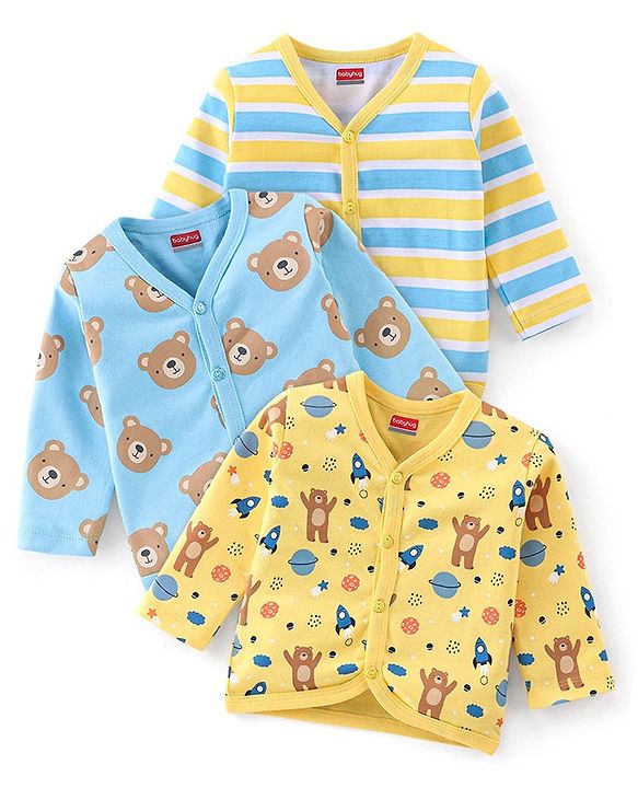 Babyhug 100% Cotton Knit Full Sleeves Bear Print Vests Pack of 3 - Multicolour