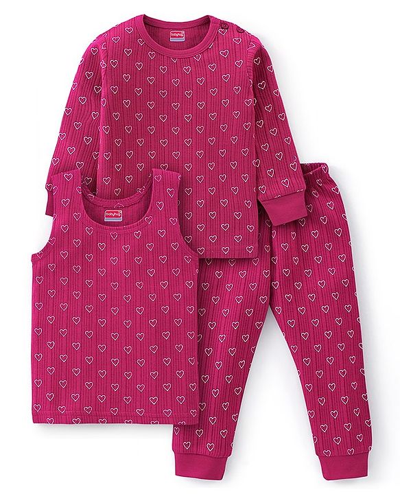 Babyhug Cotton Full Sleeves Vest Pullover & Bottom Thermal Wear Combo Heart Print Pack Of 3 - Purple