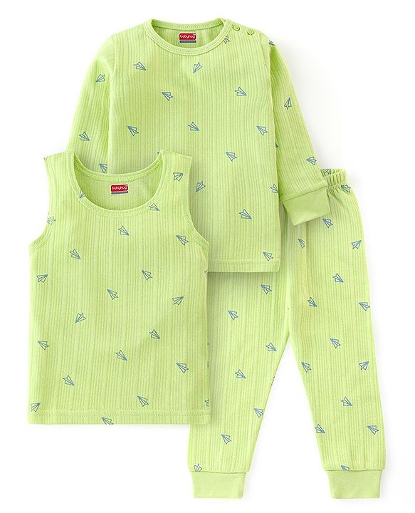 Babyhug Cotton Full Sleeves Vest Pullover & Bottom Thermal Wear Combo Pack Of 3 Paper Plane Print - Sunny Lime