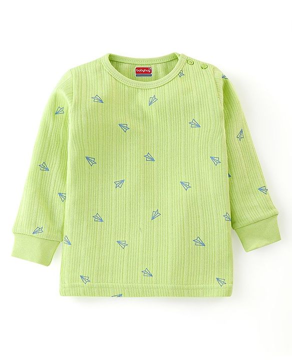 Babyhug Cotton Full Sleeves Vest Pullover & Bottom Thermal Wear Combo Pack Of 3 Paper Plane Print - Sunny Lime