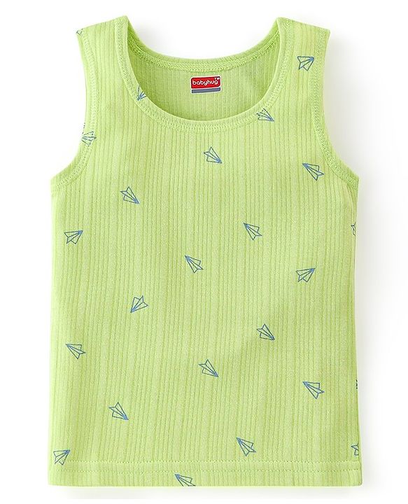 Babyhug Cotton Full Sleeves Vest Pullover & Bottom Thermal Wear Combo Pack Of 3 Paper Plane Print - Sunny Lime