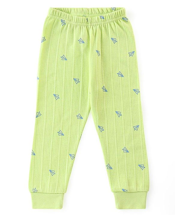 Babyhug Cotton Full Sleeves Vest Pullover & Bottom Thermal Wear Combo Pack Of 3 Paper Plane Print - Sunny Lime