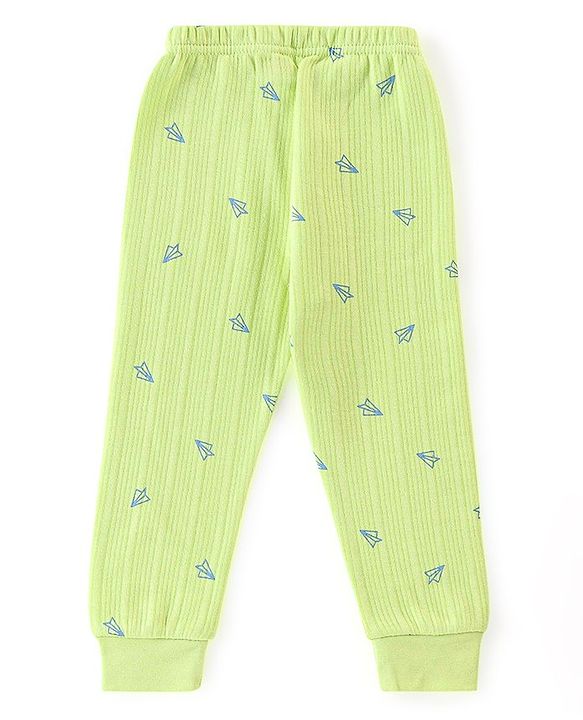 Babyhug Cotton Full Sleeves Vest Pullover & Bottom Thermal Wear Combo Pack Of 3 Paper Plane Print - Sunny Lime