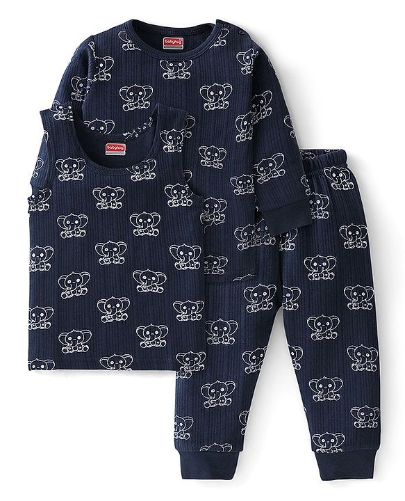 Babyhug Full Sleeves Elephant Print Thermal Vest  with Sando & Pajama - Navy Blue